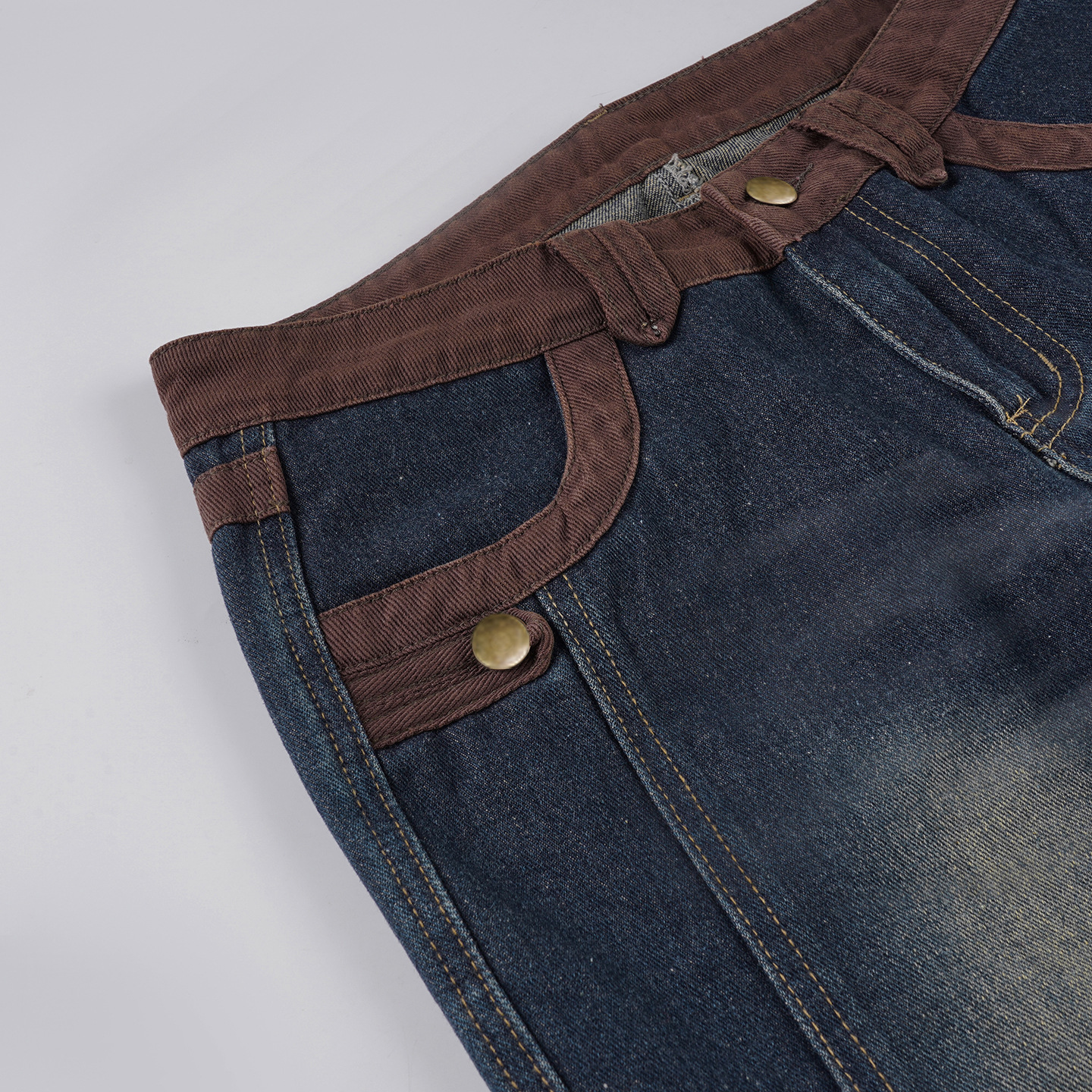 Street Motorcycle Retro Style Patchwork Color Block Flare Denim Pants Slim Fit Casual Long Trousers