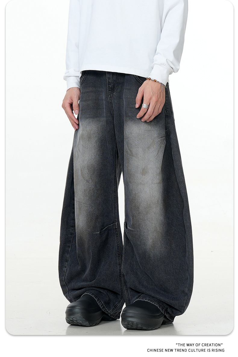 Black Faded Tapered Jeans Slim Baggy Loose Fit Casual Wide Leg Long Pants