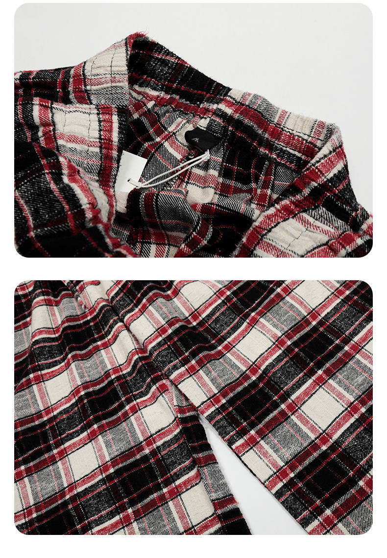 Block Red Plaid Drawstring Straight Casual Pants Unisex Pure Cotton Lazy Style Slimming Long Trousers