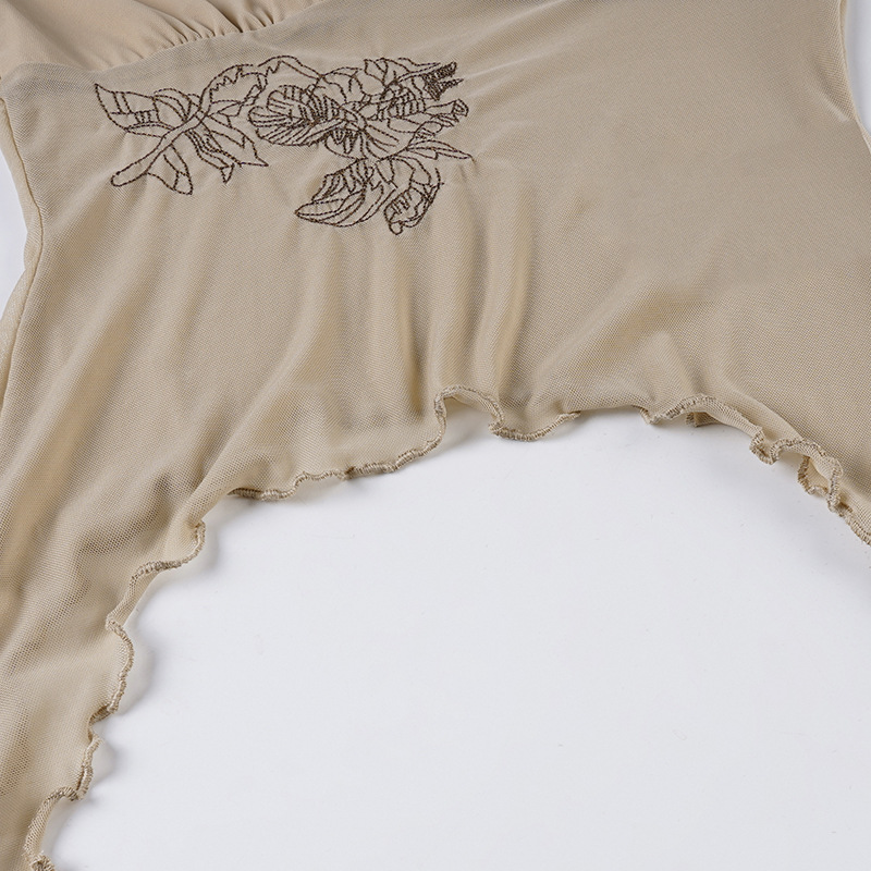 Retro floral V-neck T-shirt with female fungus edge flared sleeve casual top