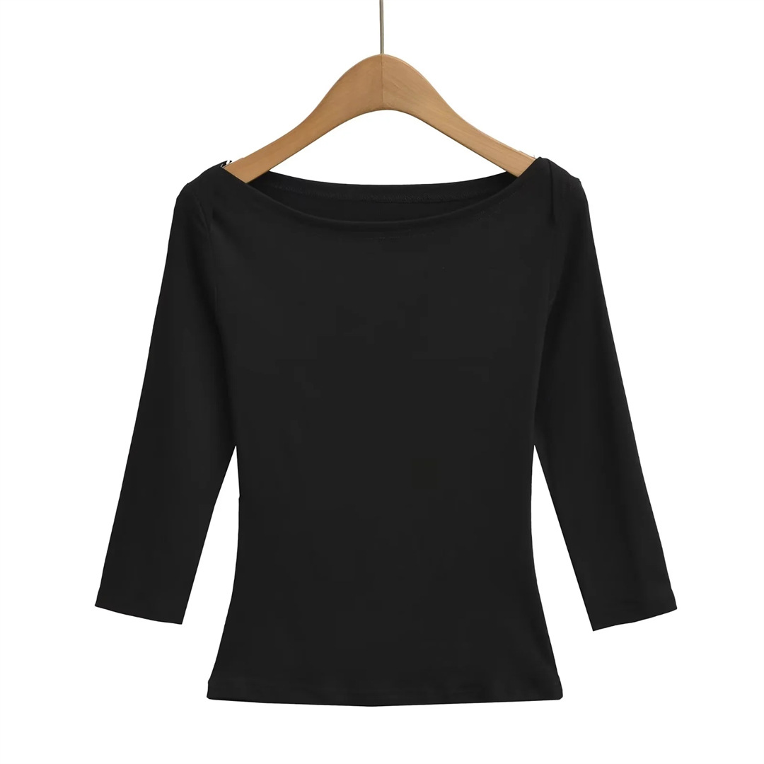 Slim Fit Plain Asymmetric Neck Elbow-Length Midriff Tee