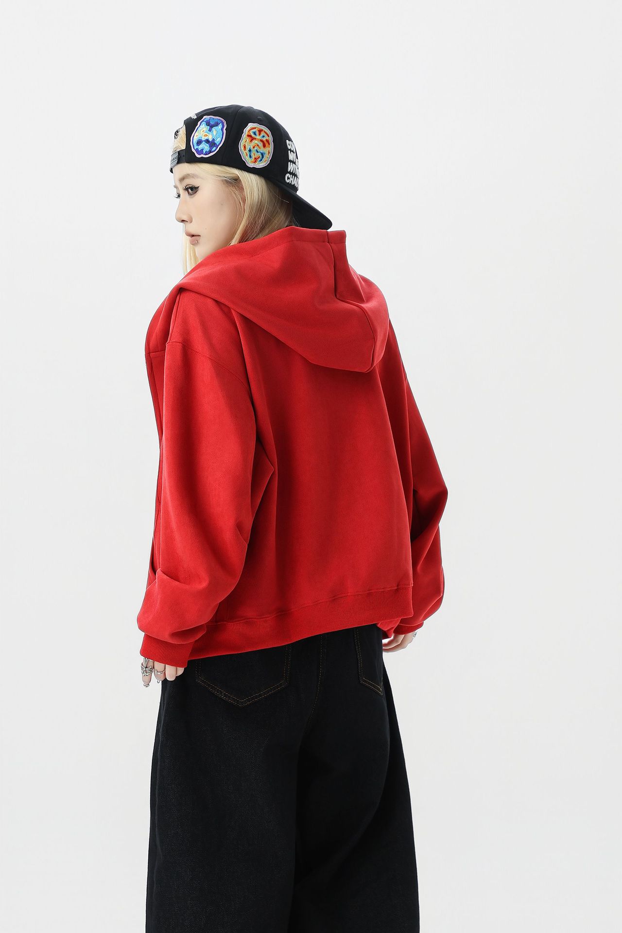 Streetwear Men Oversized Cropped Patterned Hood Zip Sweatshirt