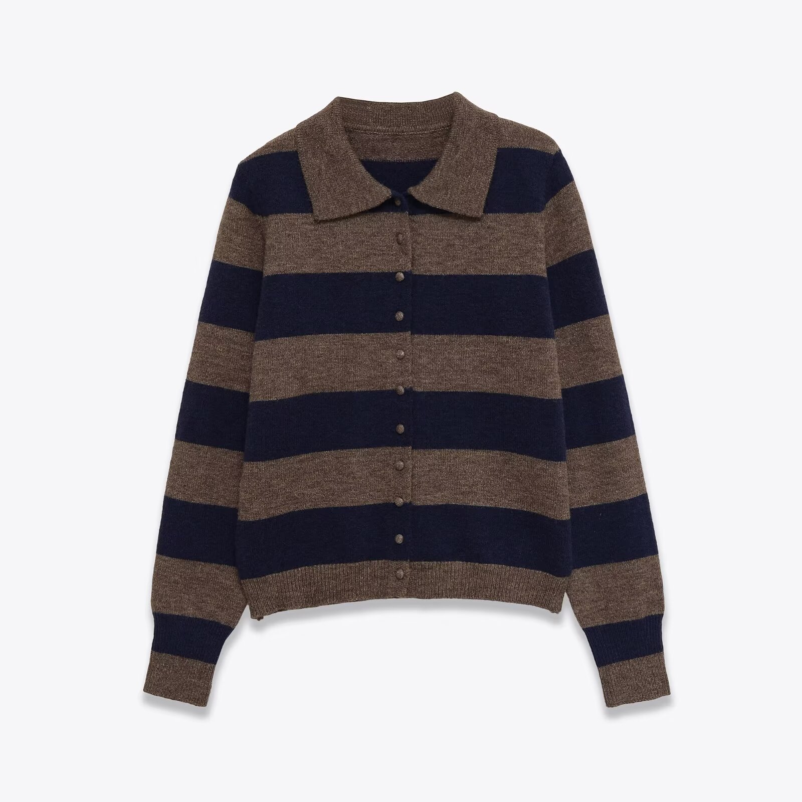 Long sleeved polo collar striped knitted sweater