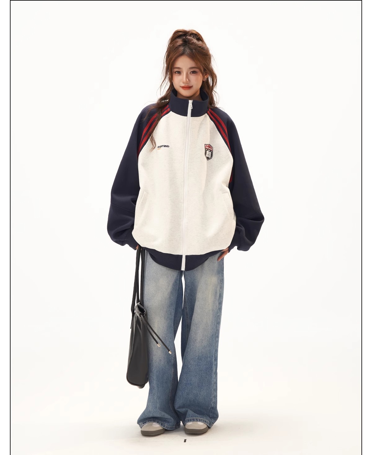 Retro Jacket for Women, High-End Patchwork Raglan Sleeve Hoodie Cardigan, Versatile Stand-Up Collar Top