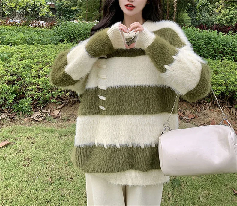 Ladies Fall Two-Tone Oversized Stretch Acrylic Sweater