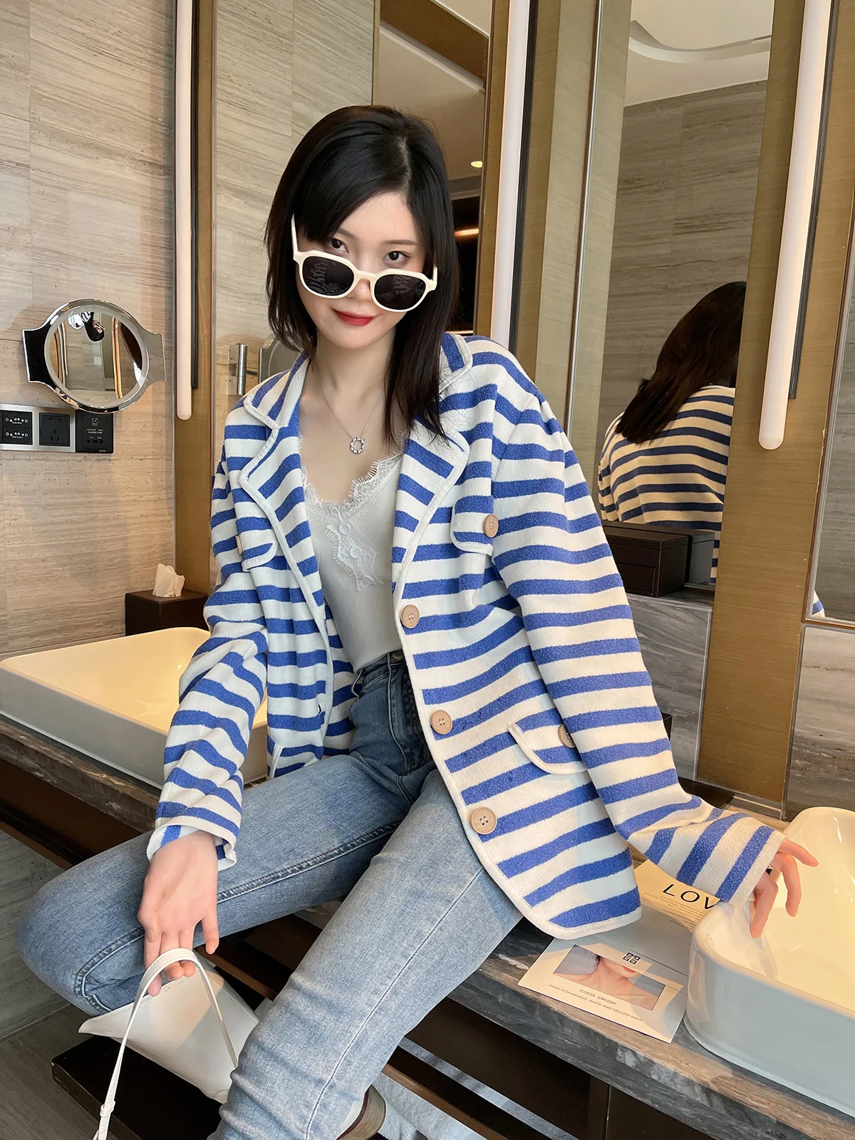 Ladies Relaxed Button Front Colorblock Cardigan