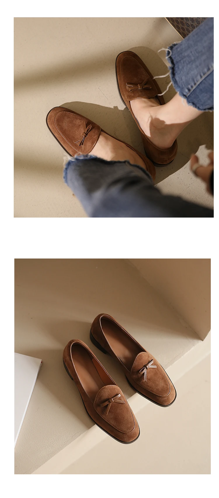 Spring/Autumn Women Loafers Genuine Leather Shoes for Women Round Toe Chunky Heel Shoes Casual Bow-knot Low Heel Women Pumps