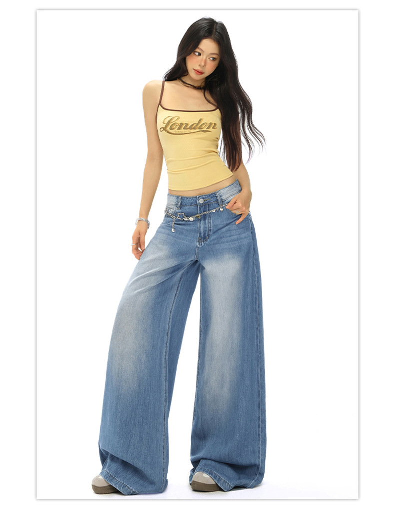 Light Blue High-Waisted Loose Fit Wide-Leg Jeans for Women, Casual Floor-Length Straight Leg Pants