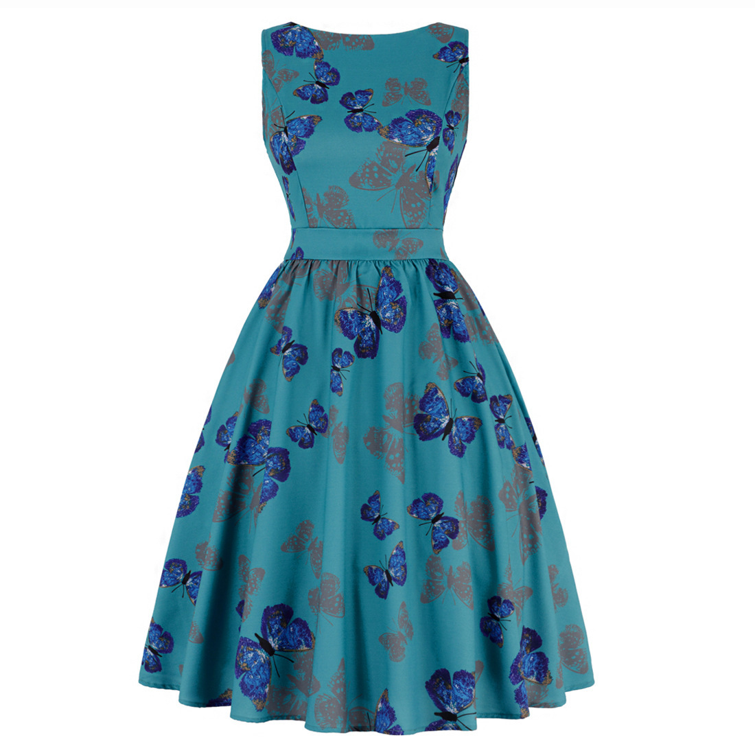 V-Neck Sleeveless High-Rise Flared Vintage Retro Patterned Dress