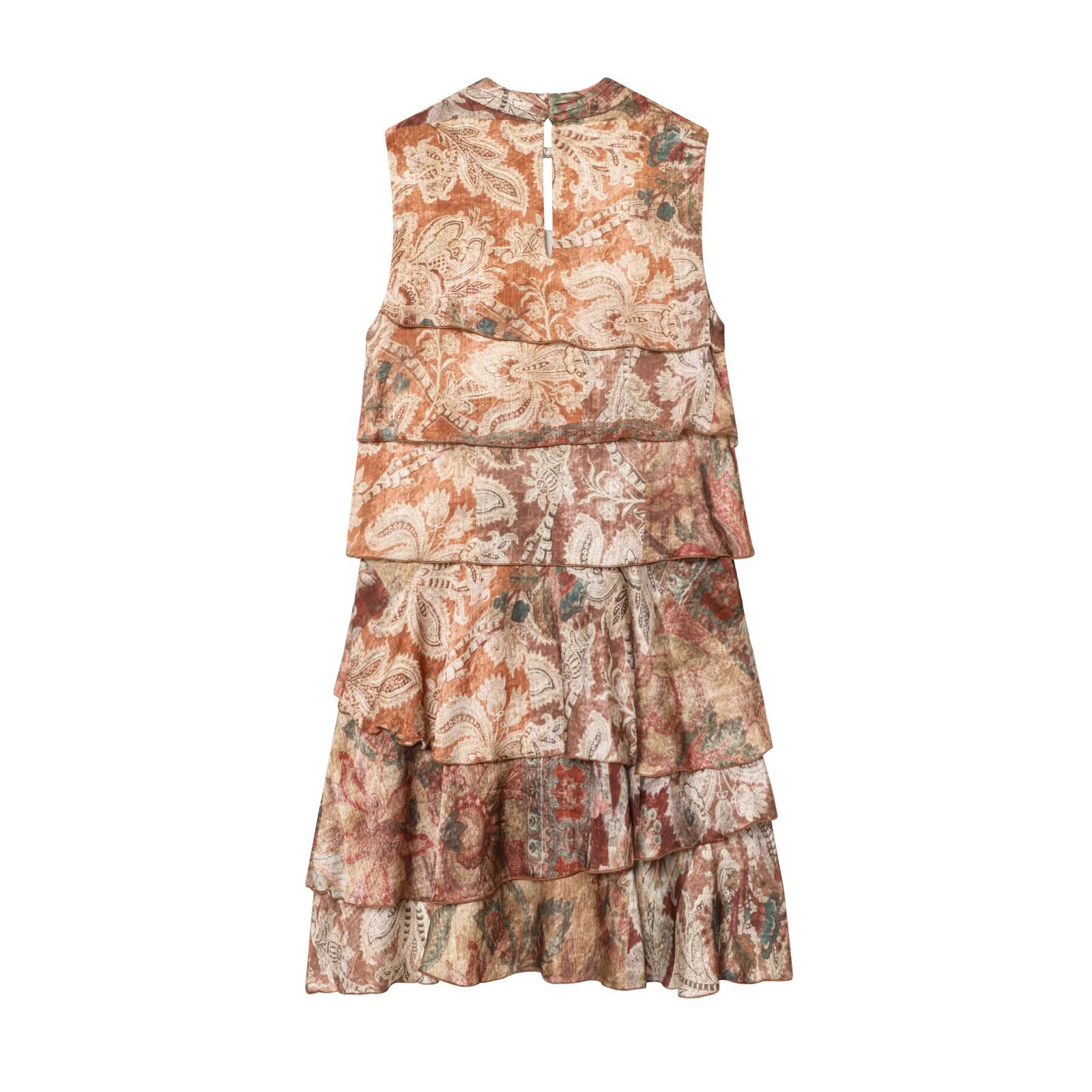 A-Line Half-High Neckline Sleeve-Free Tiered Patterned Embellished Dress
