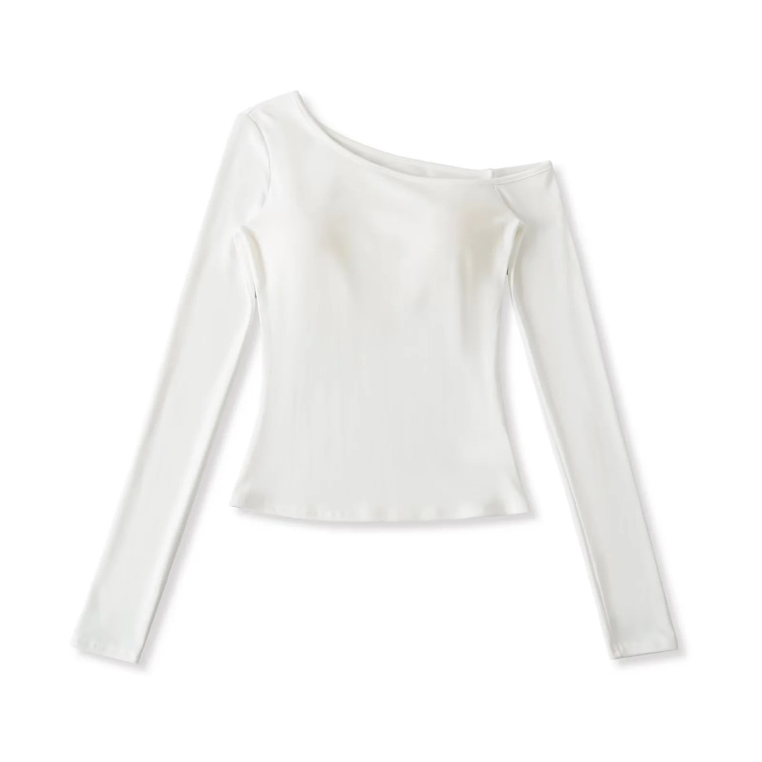 Slim Fit Wrist-Length Plain Slant-Neck Bra-Cup Blouse