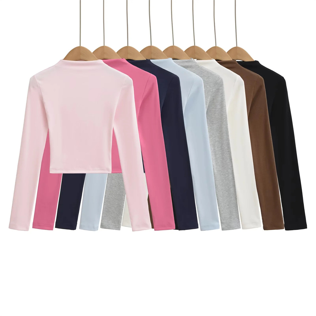 Slim Plain Mock Turtleneck Long Sleeve Belly Tee