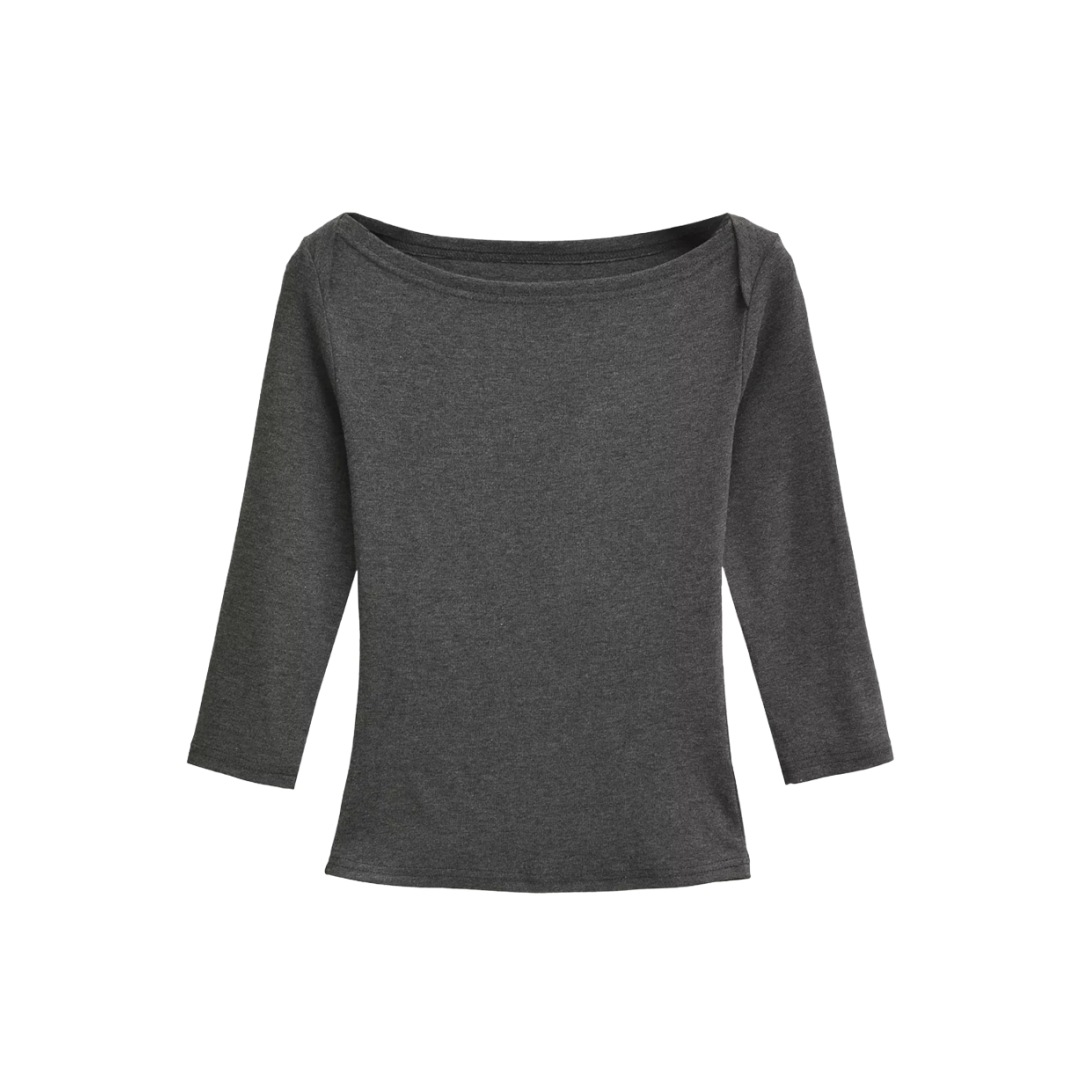 Slim Fit Plain Asymmetric Neck Elbow-Length Midriff Tee