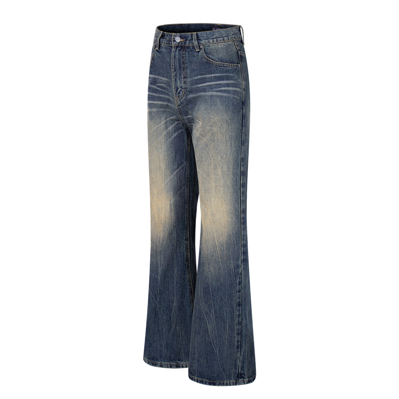 Washed Cat-Whisker Yellow Mud-Dyed Knife-Edge Jeans Women Cleanfit Washed Ripped Versatile Slightly Flared Pants