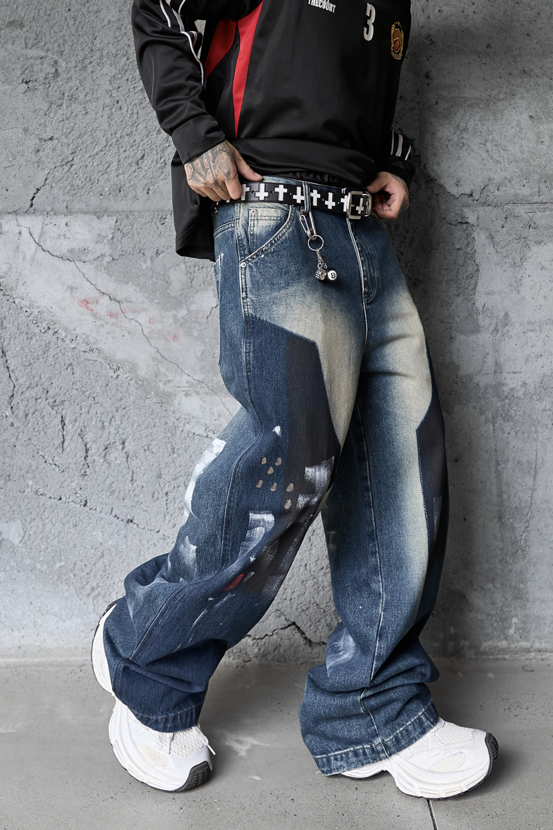 Hip-hop Style Dyed Graffiti Denim Pants for Men and Women, High Street Fashion, Straight Leg, Loose Fit, Casual Long Pants