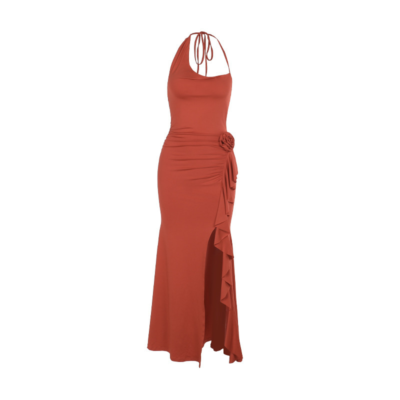 V-Neck Asymmetric 3D Floral Side Split Dress