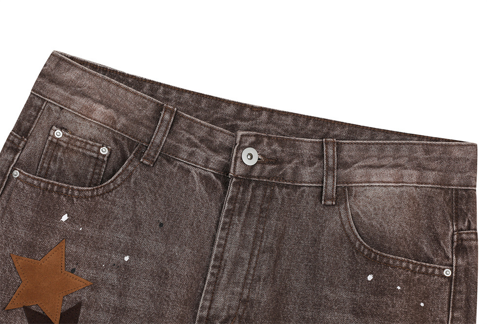 Streetwear Men's Denim Pants with Patchwork, Distressed Bleached Finish, Trendy Loose Fit, Wide Leg Style, Long Trousers