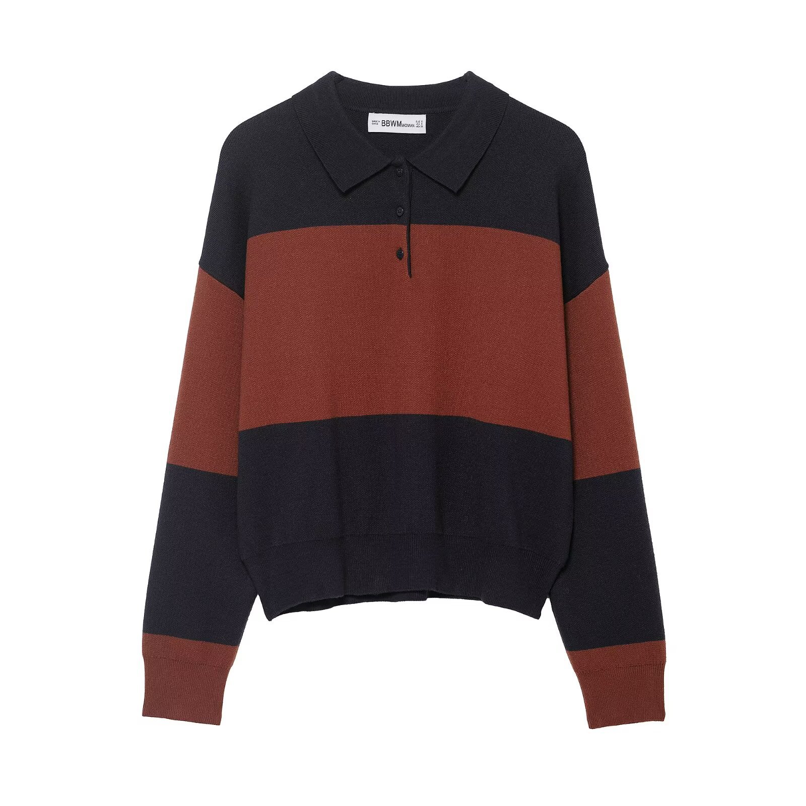 Striped polo shirt collar knit sweater