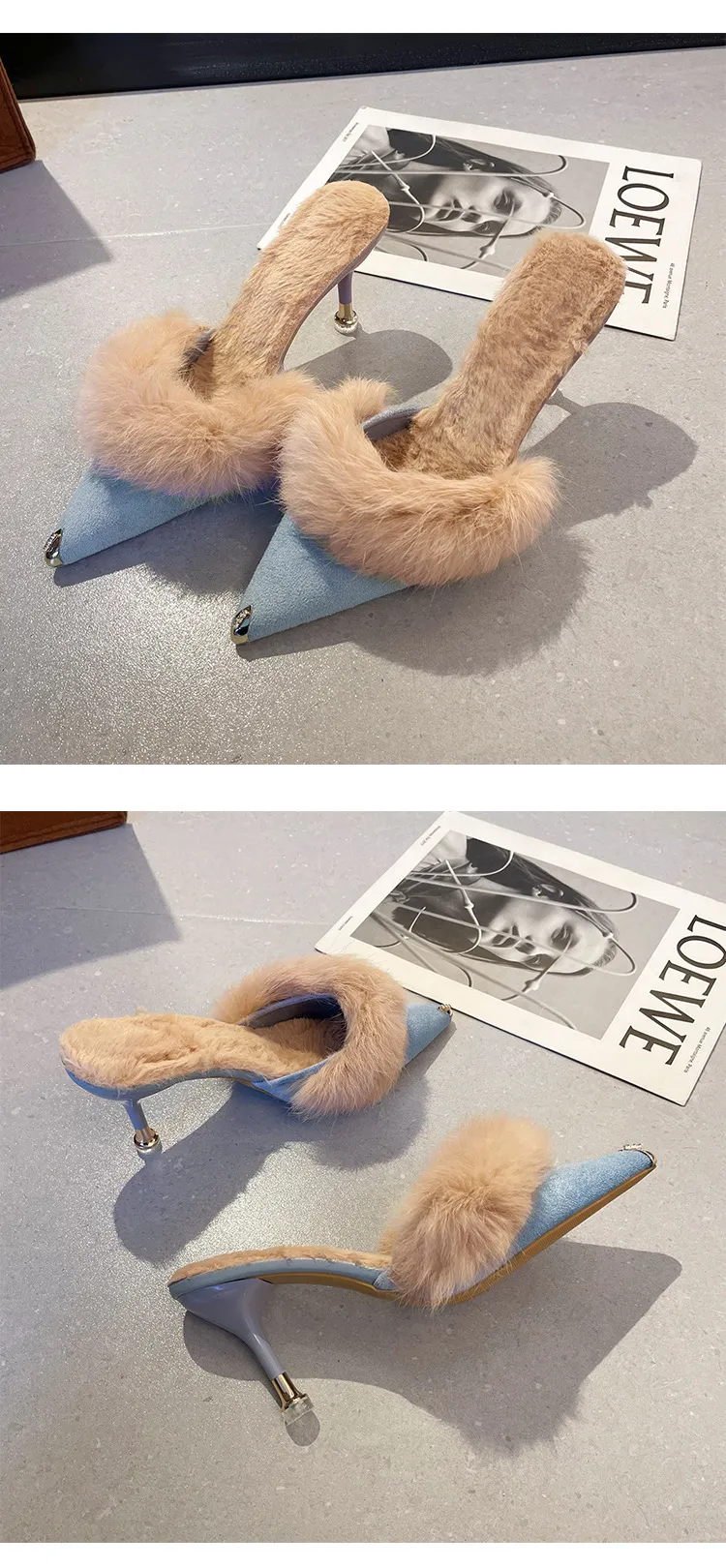 Women High Heel Shoes Fur Slippers Mules Pointed Toe Furry Slides Fashion Elegant Luxury Designer Flip Flops Office Pumps