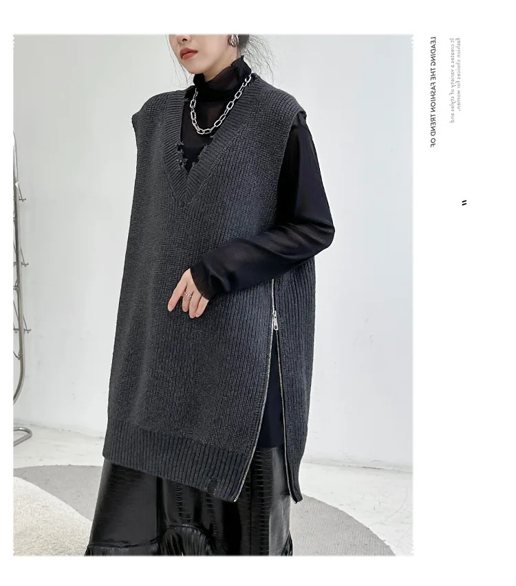 Women Sweater V-neck Asymmetry Sleeveless Knitting Vests Fashion Loose Long Dark Gray Autumn And Winter Sweater Vests