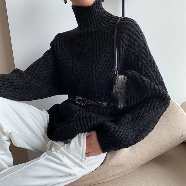 Ladies Polyester Relaxed Fit Patterned High Neck Sweater