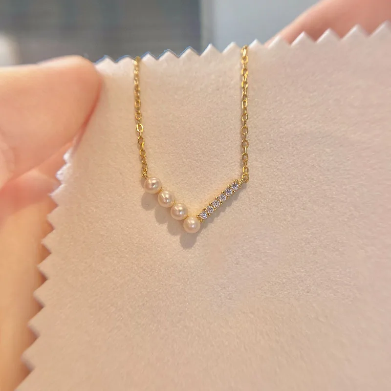 CCFJOYAS 100% 925 Sterling Silver V-shaped Pearl Zircon Necklace French Light Luxury high-end Simple Clavicle Chain Fine Jewelry
