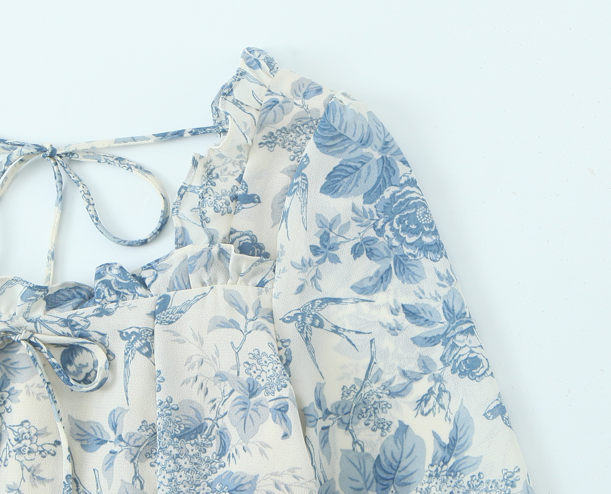 Print Square Neck Backless Tie Long Sleeve Dress