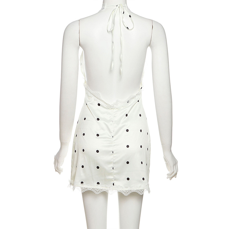 Sexy neck hanging lace edge polka dot high waisted dress