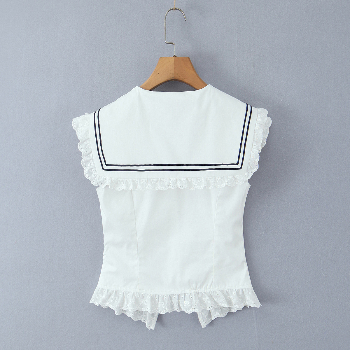 Navy Collar Lace Trim Bow Single Breasted Sleeveless Blouse
