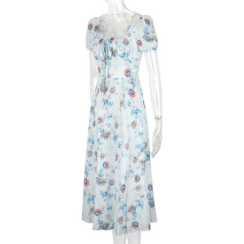 Short Puff Shoulder Botanical Maxi Dress