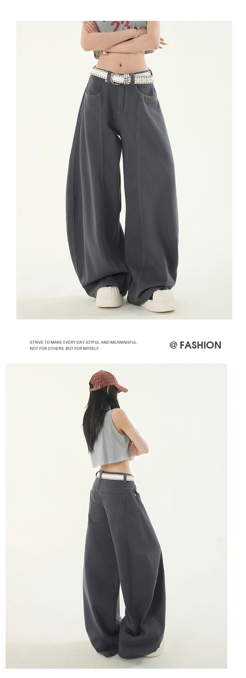 Wide-Leg Flared Denim Pants for Women Deep Gray Retro Pleated Loose Wide-Leg Casual Long Pants Summer