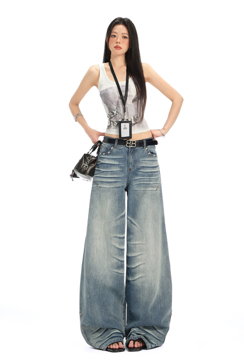Retro Spicy Girl Washed Pleated Wide-Leg Jeans Women's Cracked Design Loose Drape Floor-Length Pants