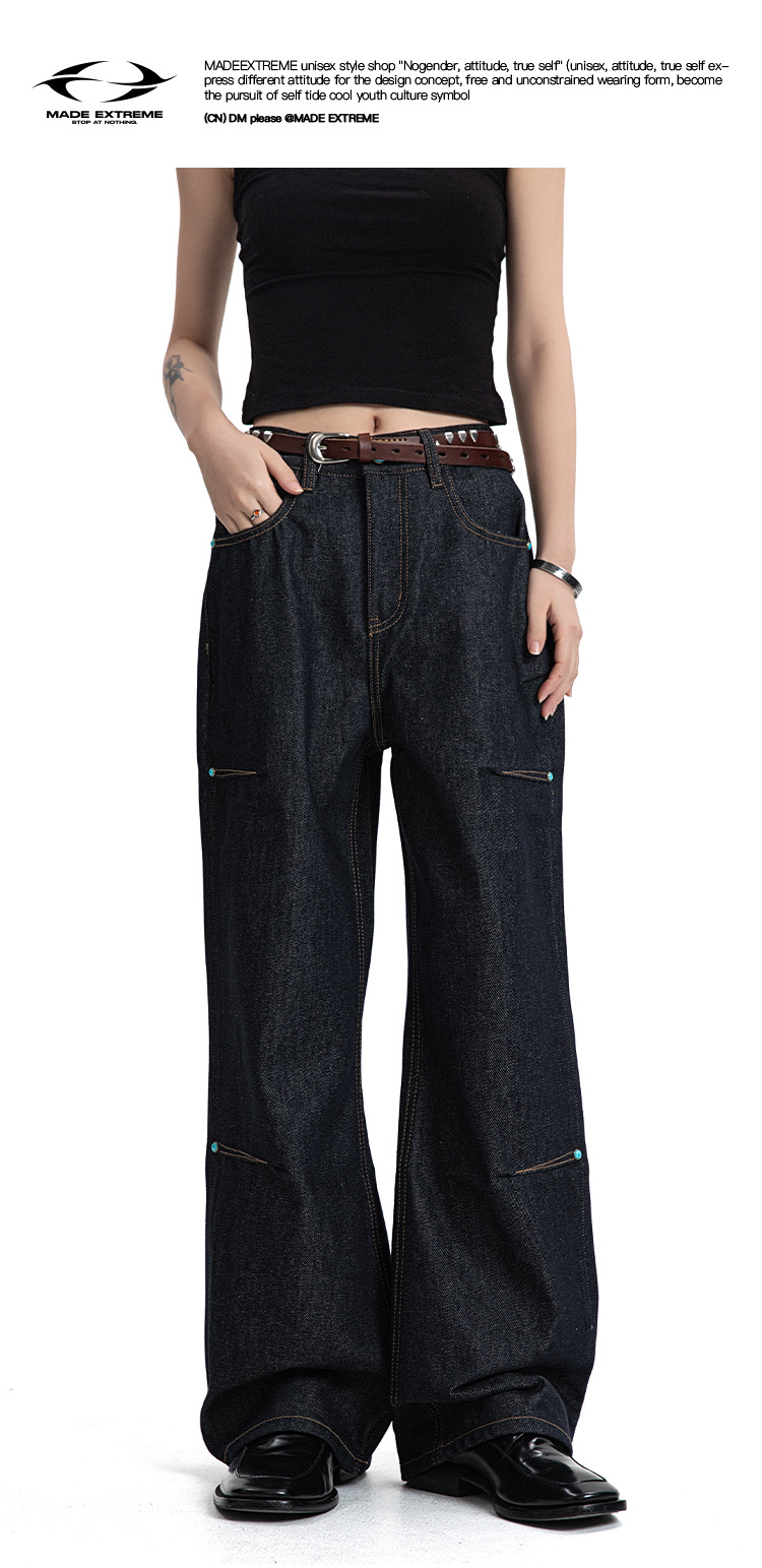 Denim Pants Deep Blue Straight Flared Wide Leg A-Line Trousers