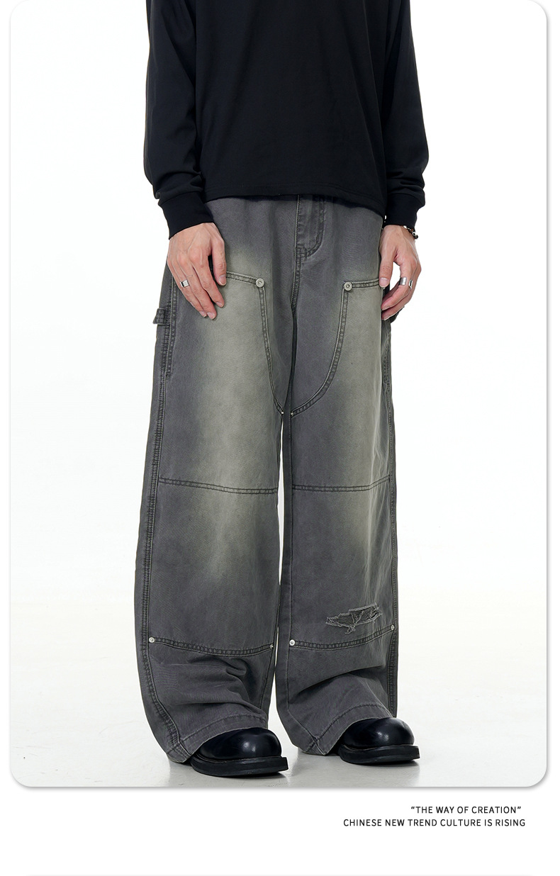 Carpenter Work Pants for Men and Women Vintage Washed Distressed Riveted Denim Loose Straight Leg Long Trousers