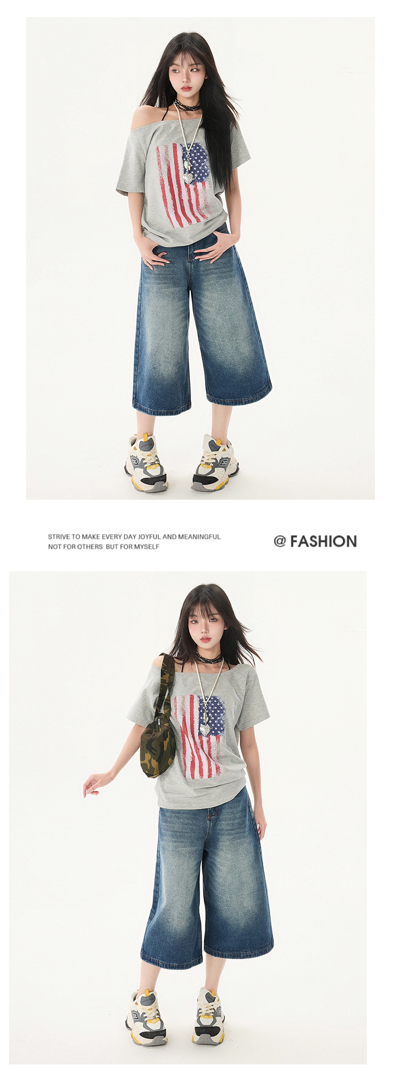 Women's Washed Seven-Quarter Denim Pants Loose Straight Wide-Leg Mid-Length Trousers
