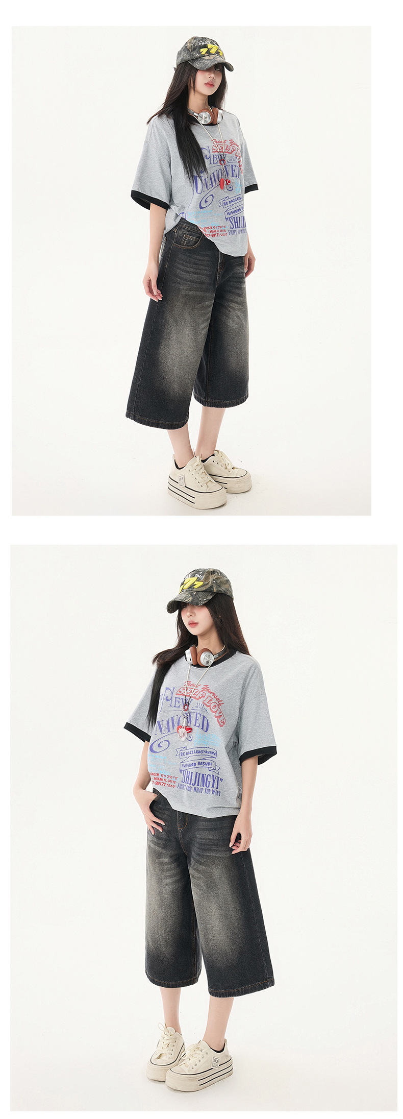 Women's Washed Seven-Quarter Denim Pants Loose Straight Wide-Leg Mid-Length Trousers