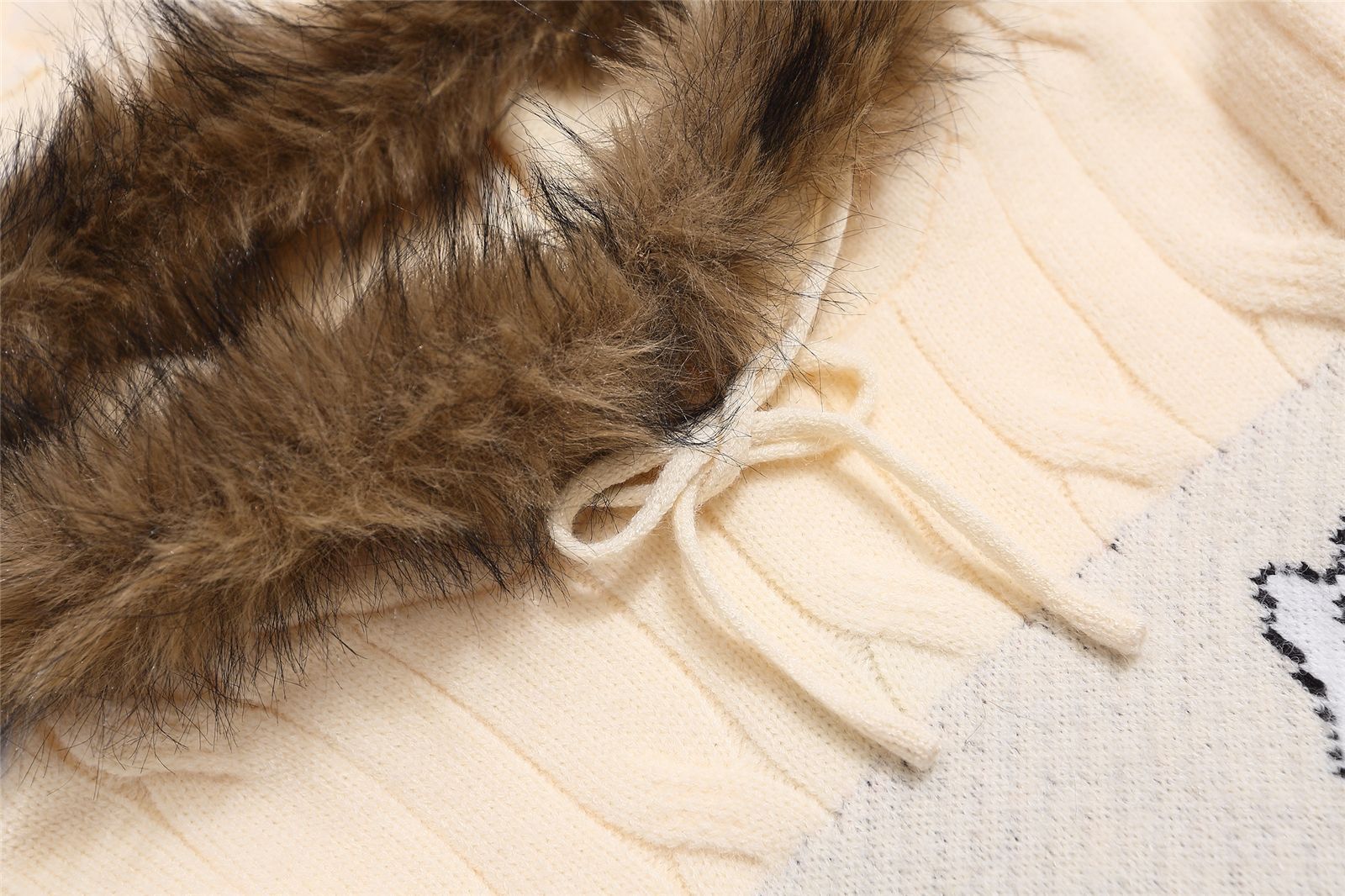 Oversized Bunny Print Hood Sweater Fluffy Ribbon Detail