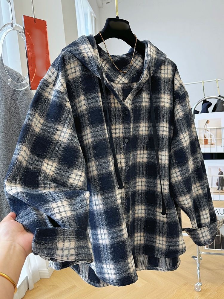 Ladies Oversized Checkered Cotton Blend Hoodie