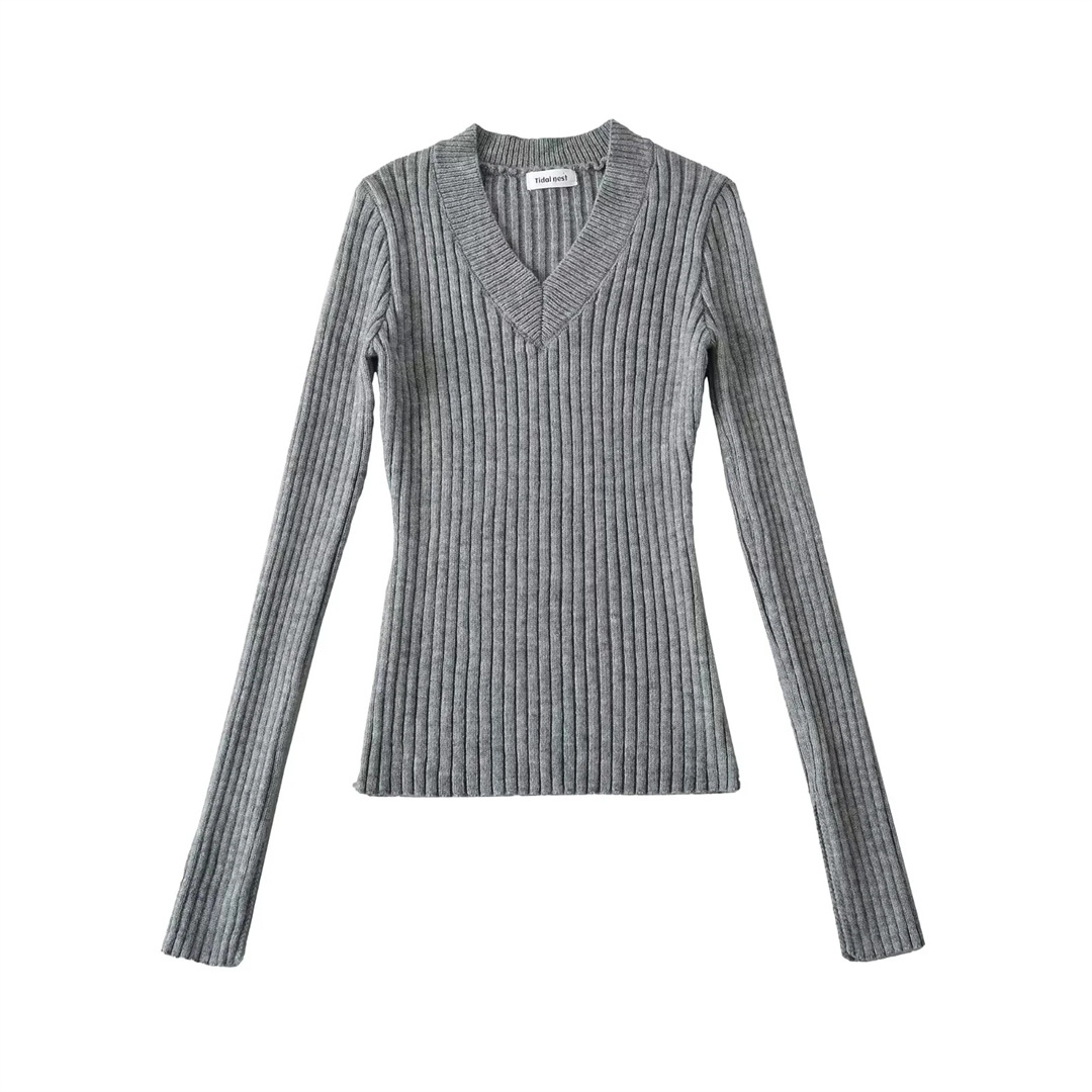 Plain Ladies Deep V Body-Hugging Knitted Sweater