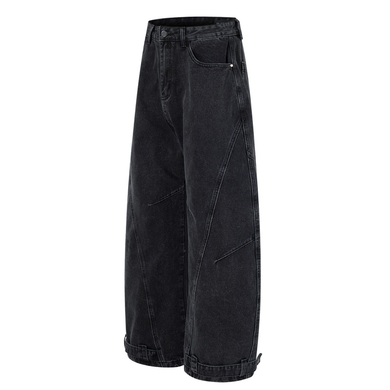 Retro Washed Deconstructed Knife-Edge Denim Pants Unisex Trendy Loose Hip-Hop Wide Leg Pants Black Scythe Style Pants