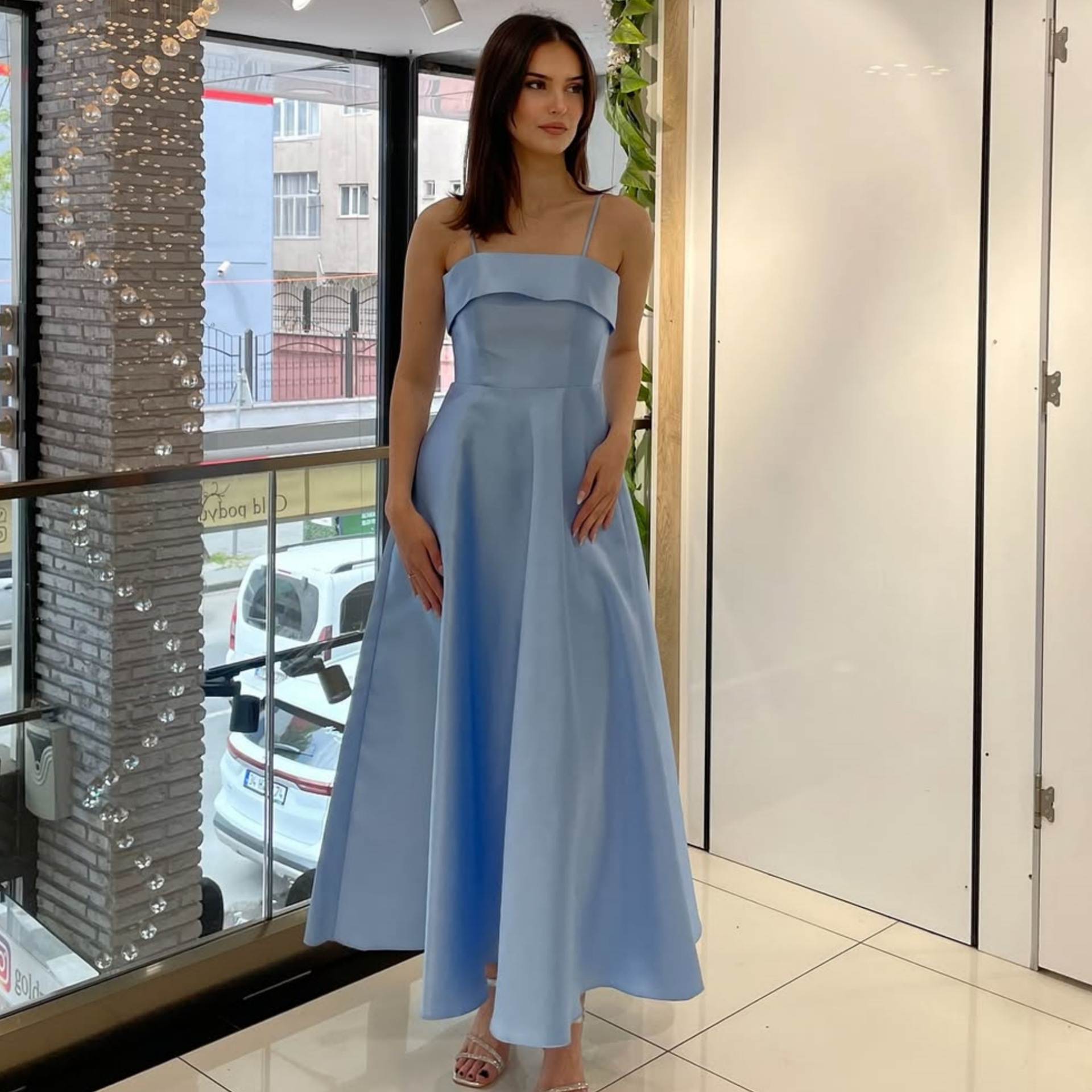 Satin suspender evening dress fashion dress