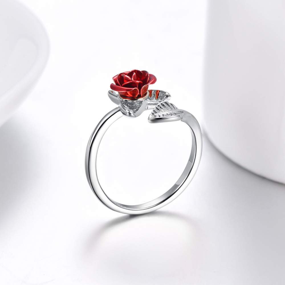 U7 Red Rose Garden Flower Leaves Resizable Finger Rings for Women Valentine's Day Gift Jewelry Hot Sale Open Ring R1019