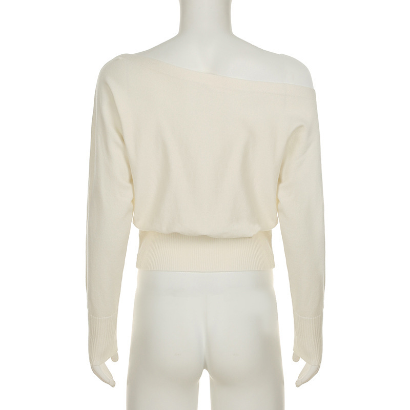 Asymmetric Neckline Fitted Solid Long Sleeve Sweater Top