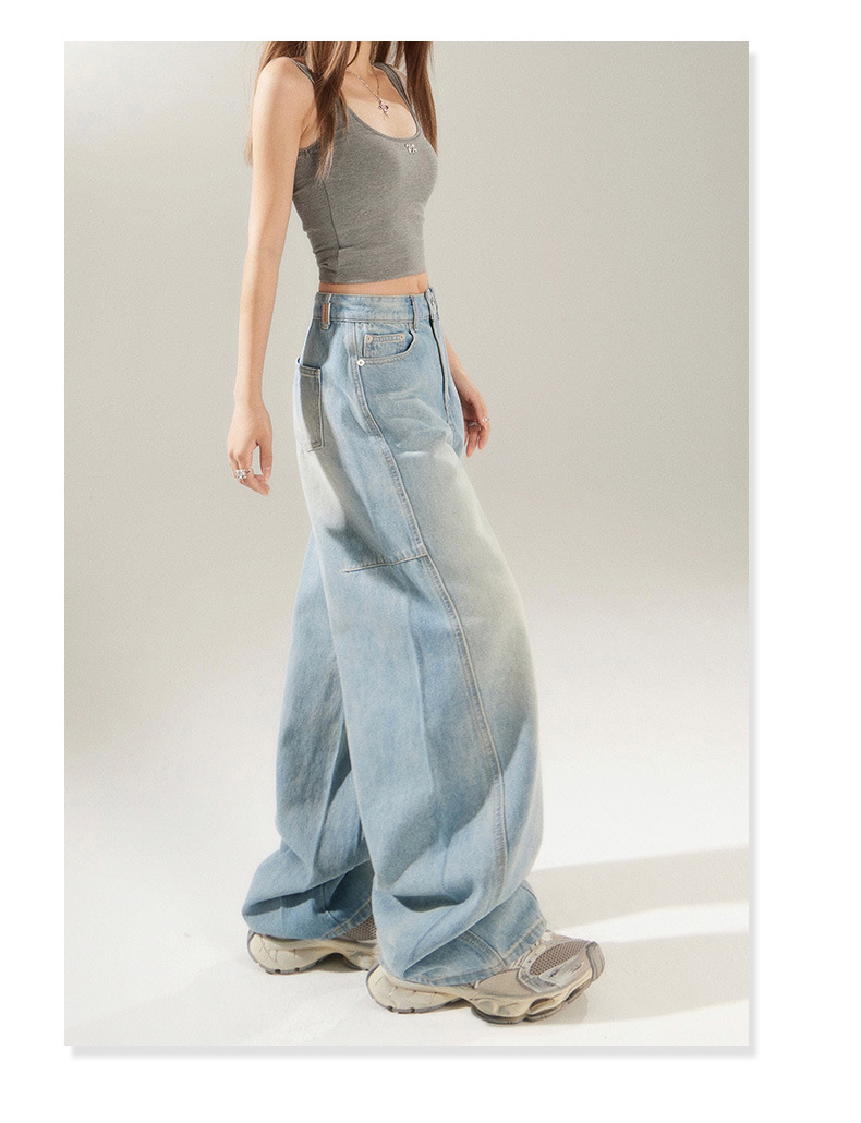 Retro Distressed Light Blue Skinny Jeans High Street Patchwork Design Banana Scythe Pants for Women