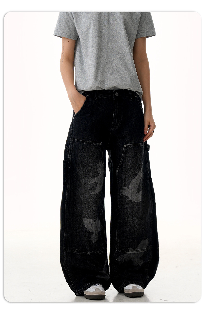 Jeans with Pigeon Pattern for Men and Women, Loose Fit Wide Leg Trousers