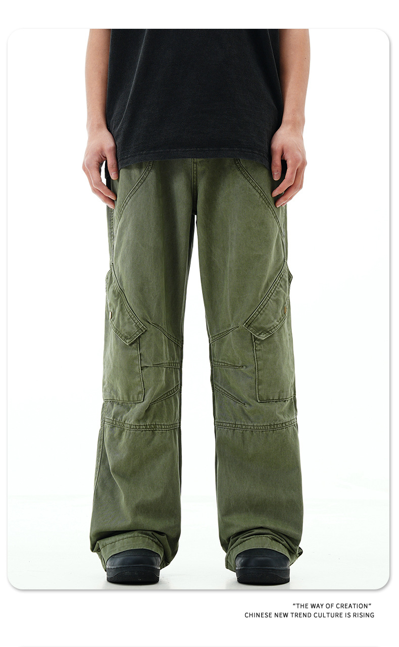 Work Pants with Adjustable Waistband and Large Pockets - Straight Leg Casual Trousers