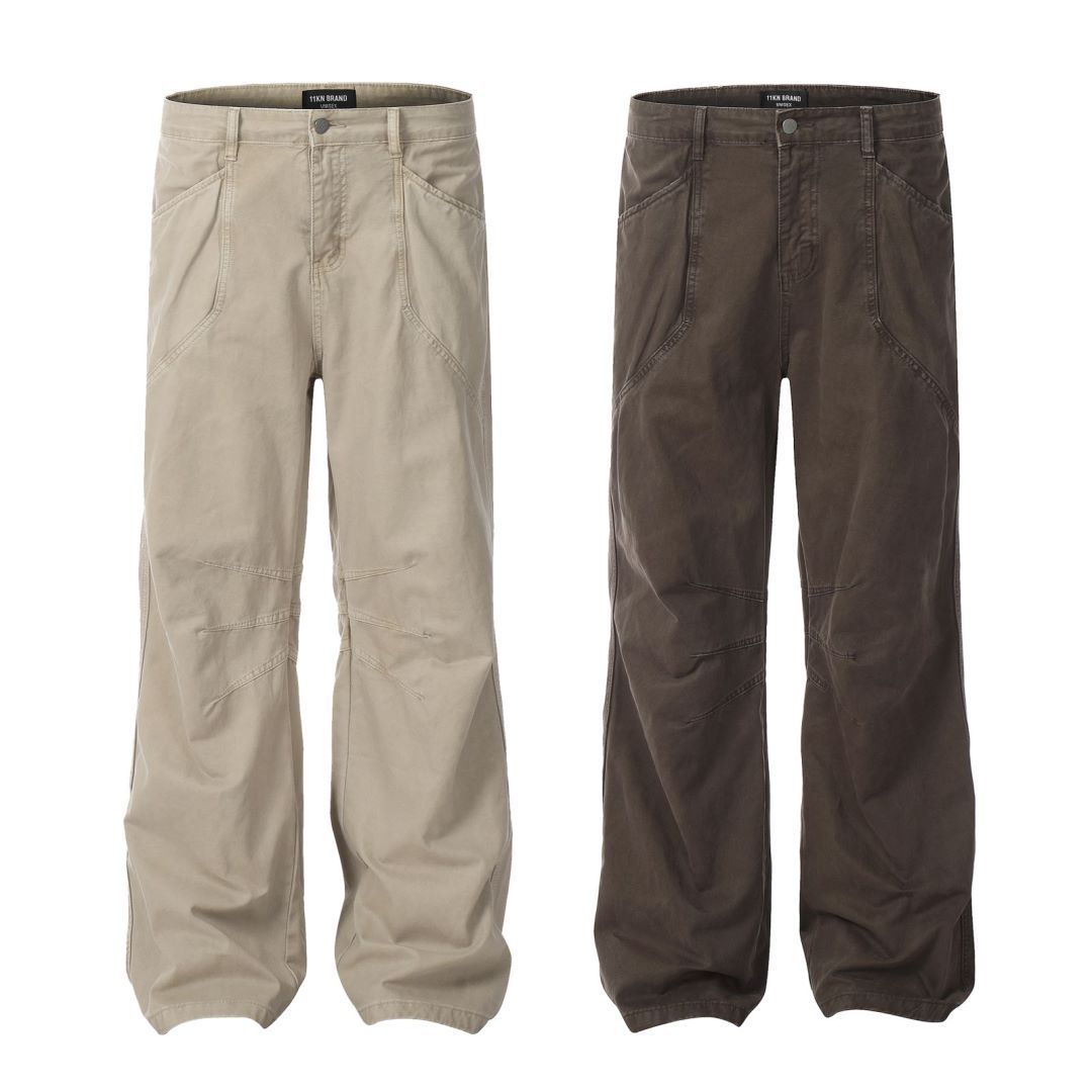 Work Pants Men Khaki Loose Retro Straight Pleated Design Wide Leg Trendy Casual Trousers