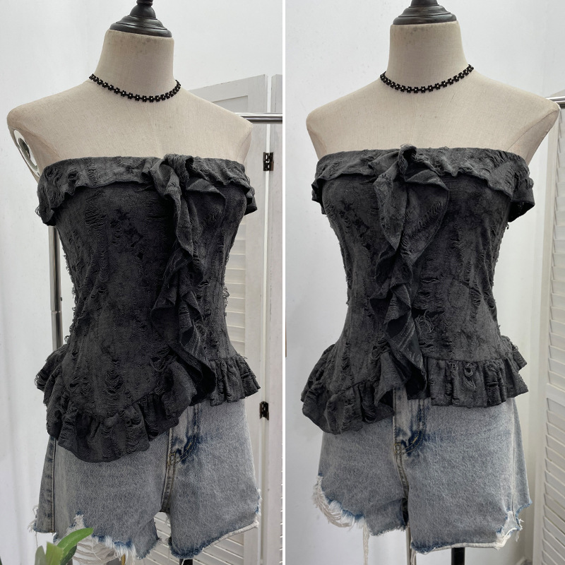 Ombre Asymmetrical Distressed Frilled Bandeau Vest