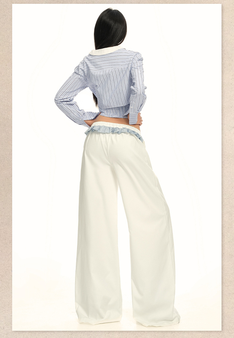 Women's Wide-Leg Casual Pants with White Lace Splicing