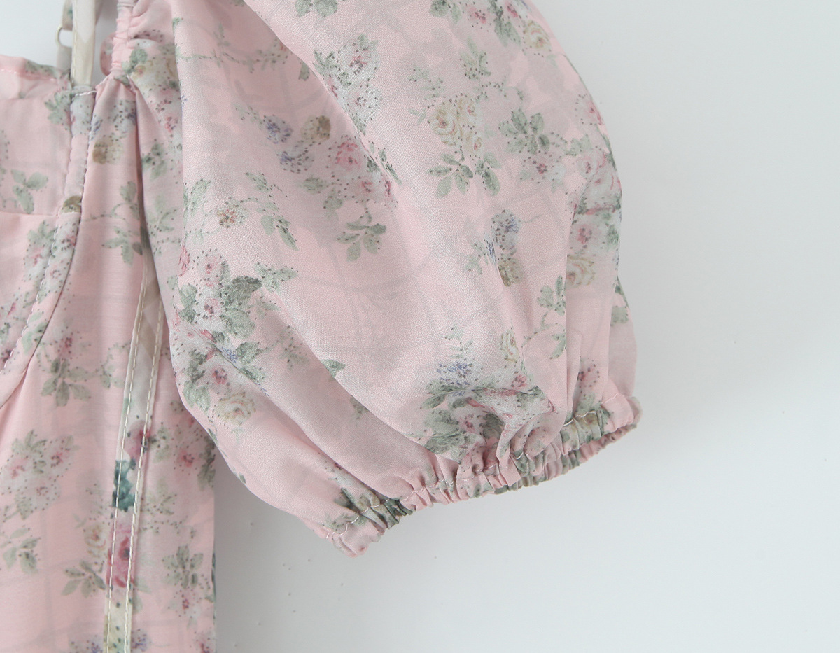 Square Neck Botanical Print Short Puff Resort Dress